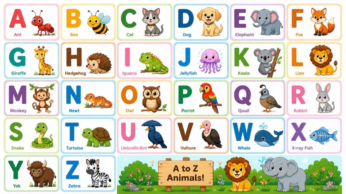 An A to Z alphabet chart, one animal per letter