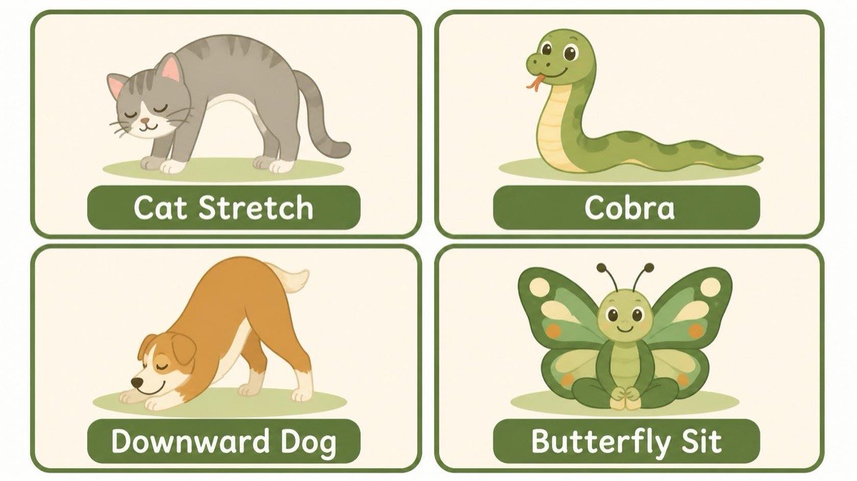 Animal yoga: cat stretch, cobra, downward dog, butterfly sit