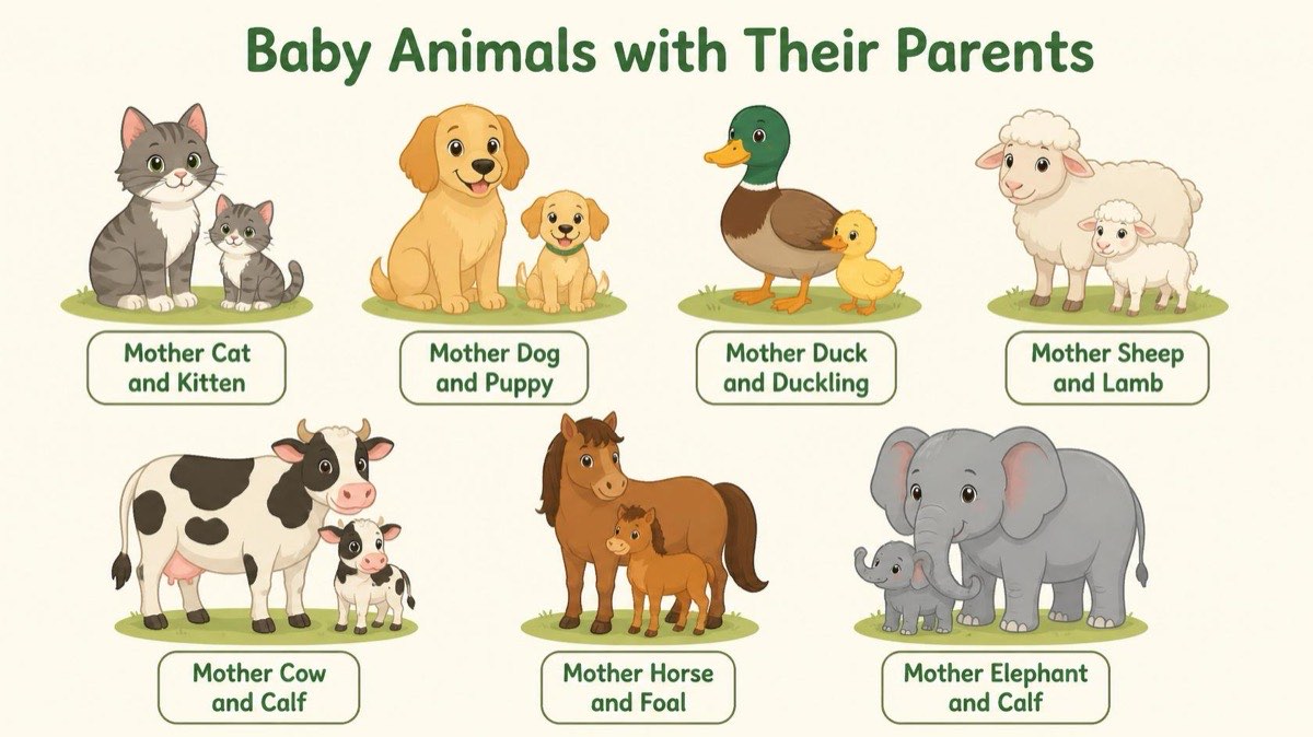 Baby animals with their parents and the names for each