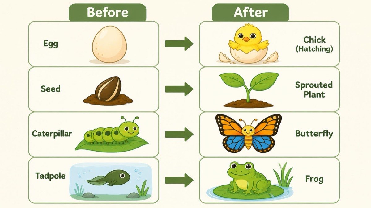 Before and after: egg to chick, seed to plant, caterpillar to butterfly, tadpole to frog
