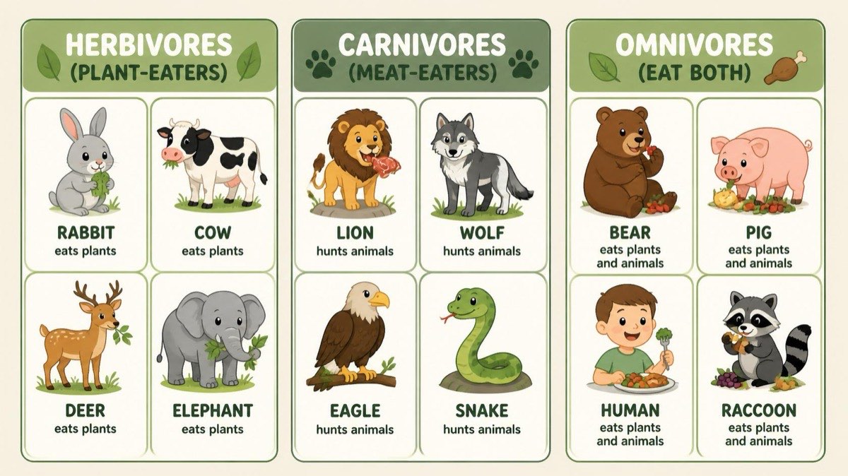 Sorting cards: herbivores, carnivores and omnivores