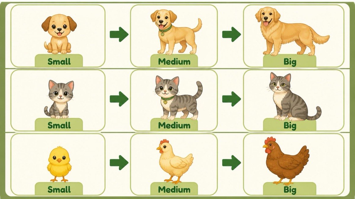 Growing sequences: puppy to dog, kitten to cat, chick to hen