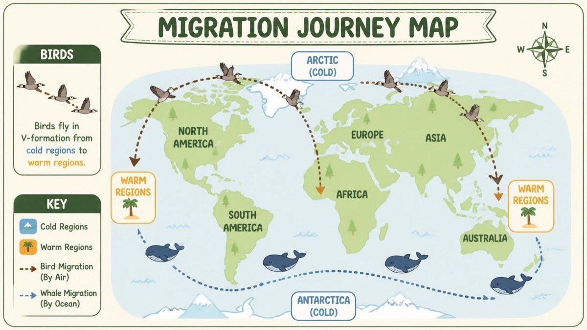 A migration journey map showing bird and whale routes