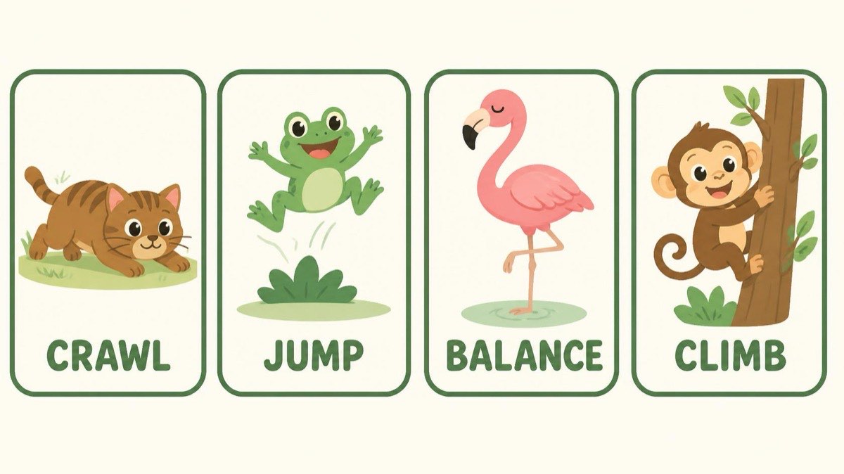 Obstacle course cards: crawl, jump, balance, climb