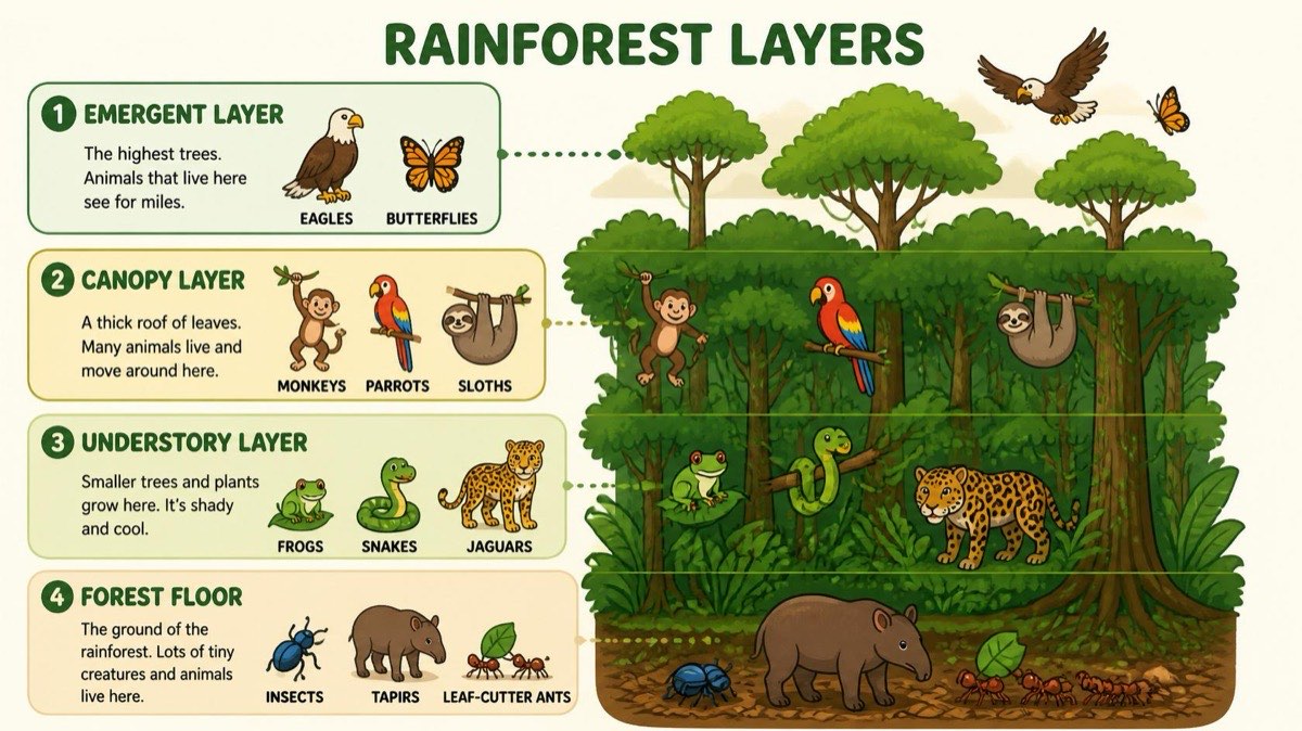 The four layers of the rainforest and the animals in each