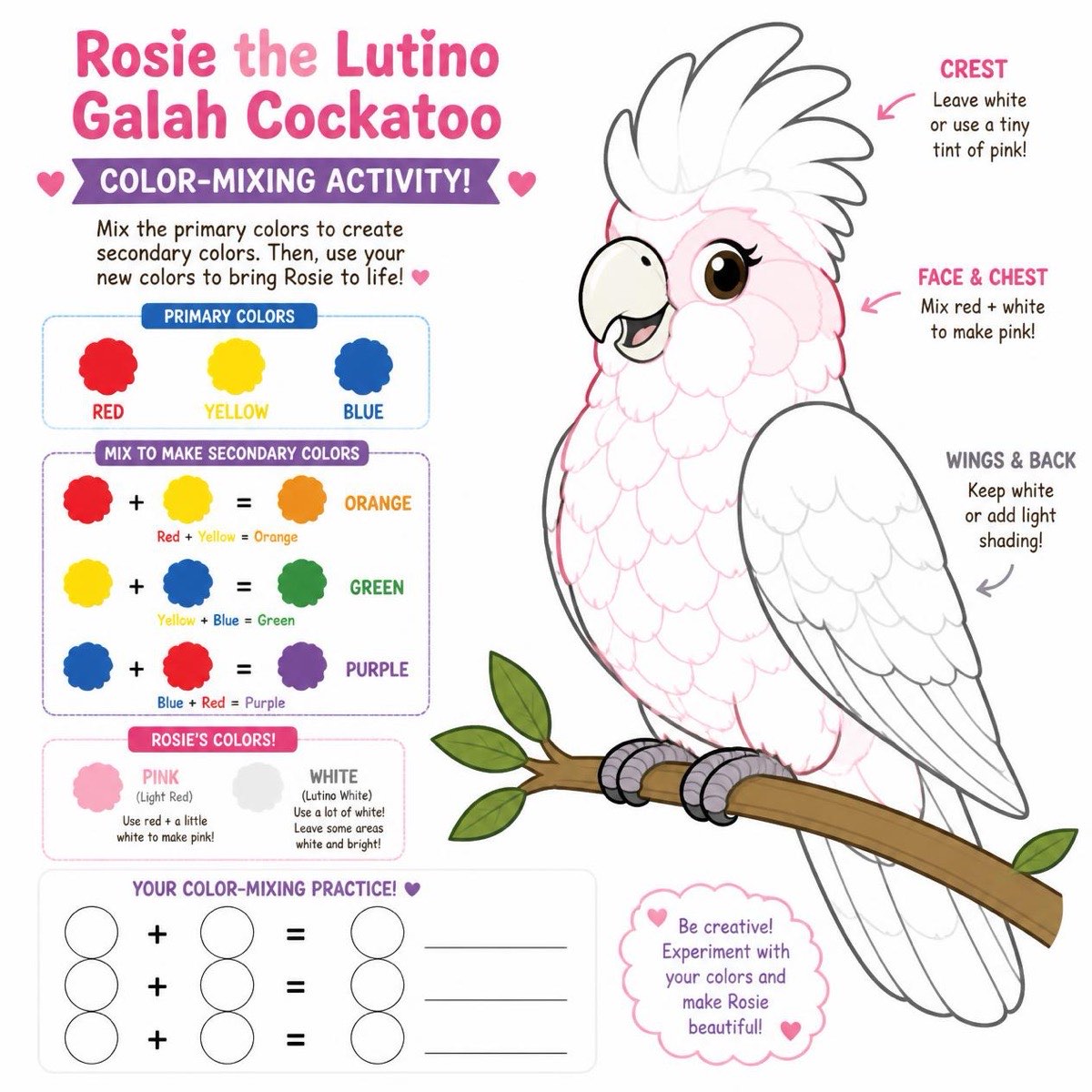 Mix the primary colours, then mix the pink that makes Rosie a lutino.