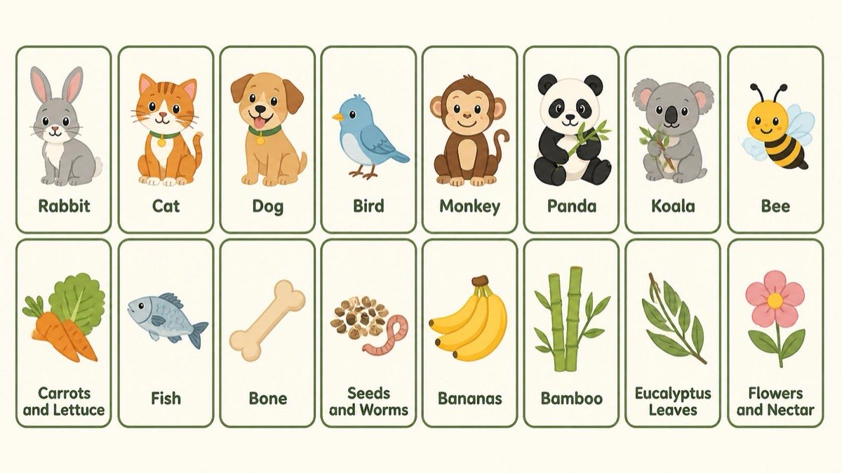 Matching cards: which animal eats which food