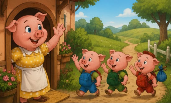 Mother pig waves goodbye to her three piglets