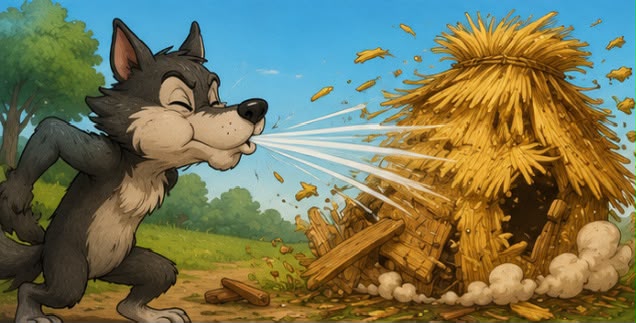 The wolf blows down the straw house