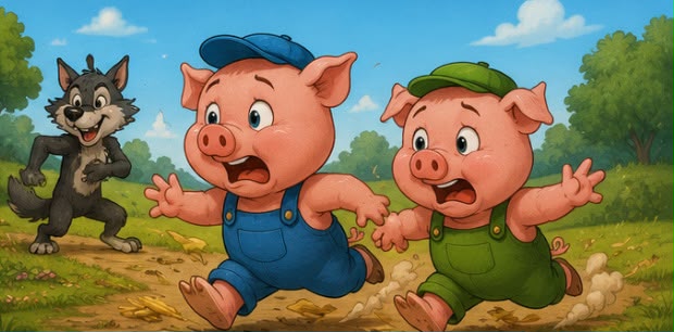 The wolf blows down the stick house and two pigs run away