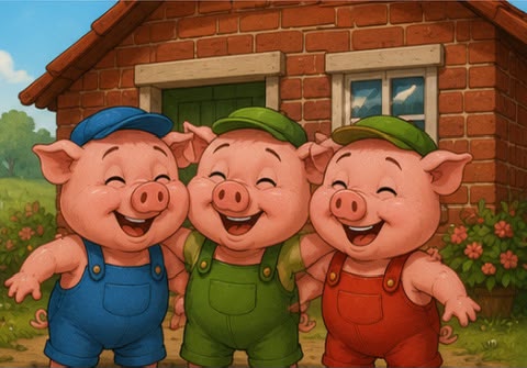 The three pigs safe and happy at the brick house