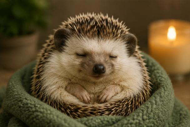 A cosy hedgehog wrapped snugly in a soft blanket